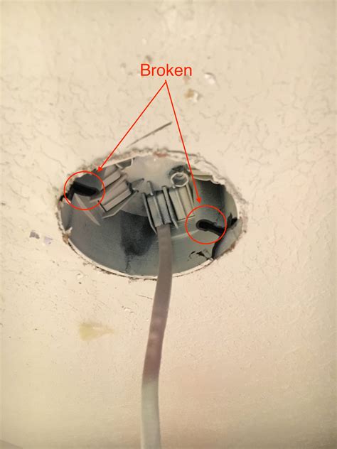 ceiling fan electrical box broke|metal ceiling light box repair.